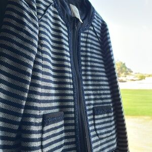 J Crew Women’s Cropped Zip Front Pockets Tweed Navy Striped Blazer Suit Jacket 8